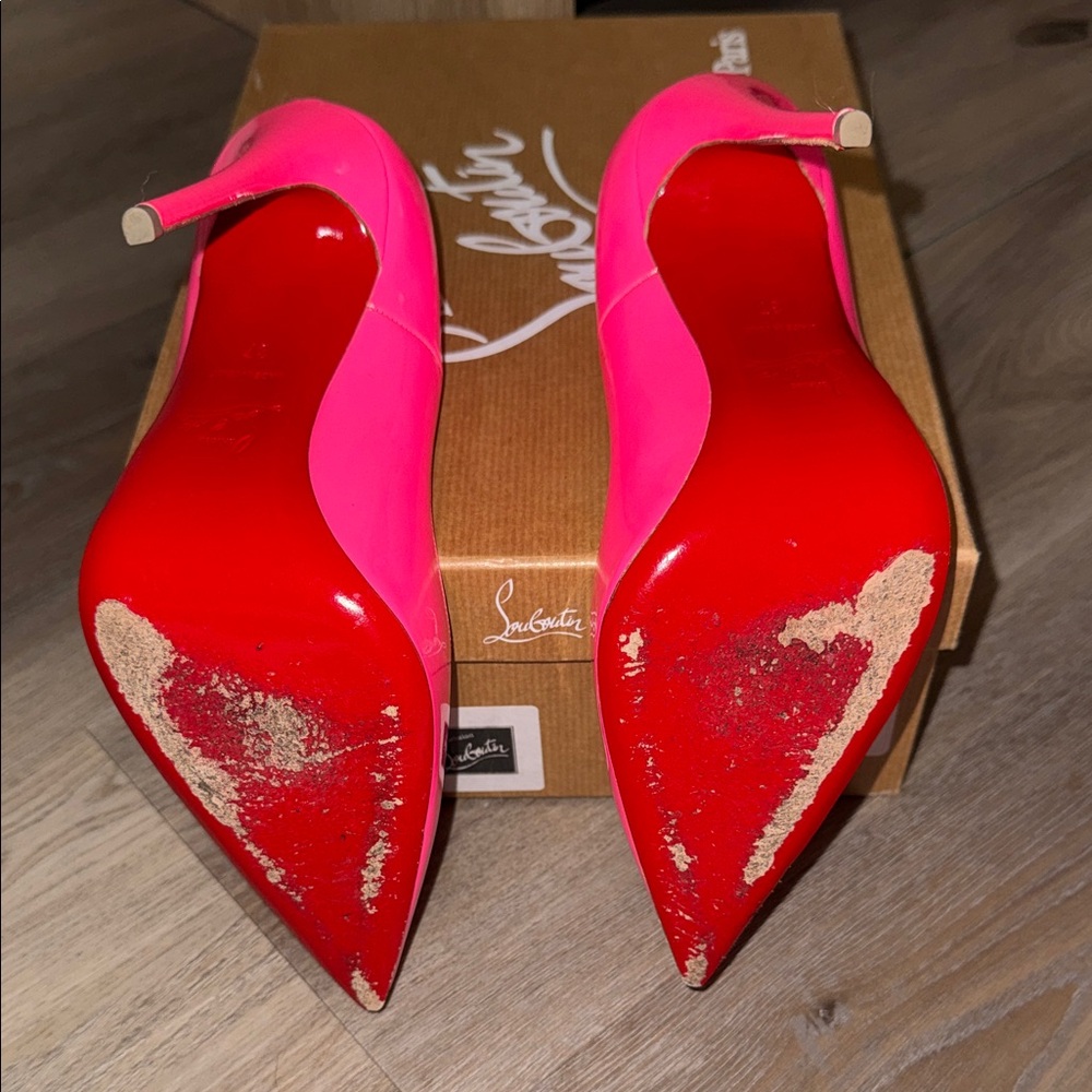 Christian Louboutin Neon Pink Patent Pointed-Toe Pumps - Picture 8 of 8